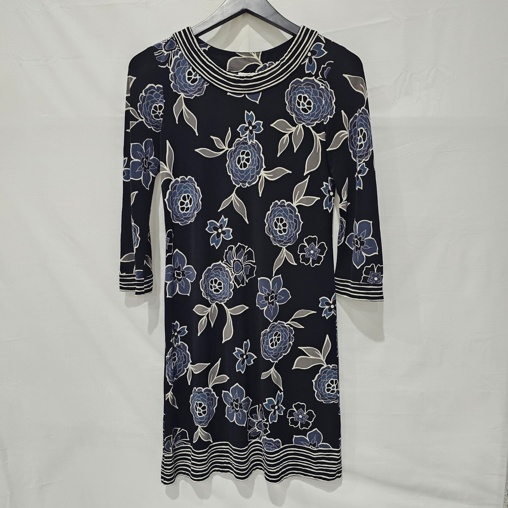 Jones Studio Size 10 Blue Floral Striped Trim Long Sleeve Sheath Dress Navy